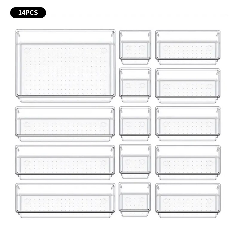 7/14 Pcs Lade-Organisatoren Set Doorzichtige Plastic Bureauverdelers Bakken Slaapkamerkast Kantoor Opbergdoos Voor Make-Up Jewelries Gadgets: WHITE