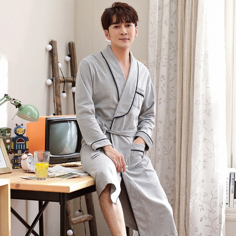Albornoz de talla grande para hombre, ropa de dormir Kimono con cinturón, bata de manga larga, Color gris, para primavera y M-XXXL