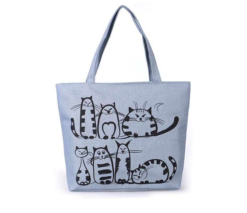 Sacs en toile dessin animé de chat, sac en toile imprimé, fermeture éclair de grande capacité, fourre-tout, sacs à main de Shopping, tendance: Gris