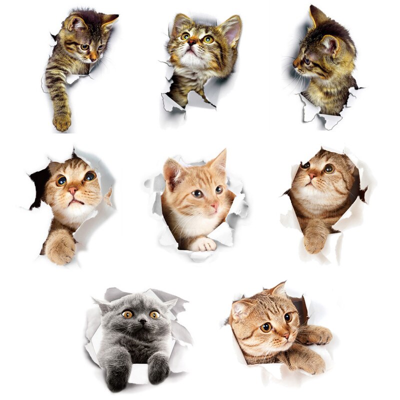 Pegatinas de vinilo 3D para el baño de gatos, vinilo impermeable con de Gato Azul encantador para la pared del baño