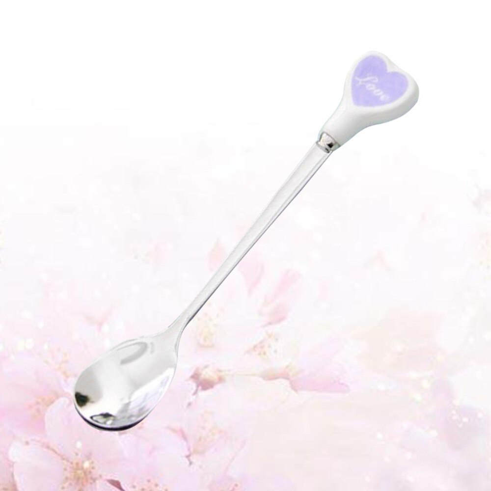 Stainless Steel Spoon with Ceramic Love Heart Handle Tableware Coffee Dessert Spoon Mixing Spoon (Red)