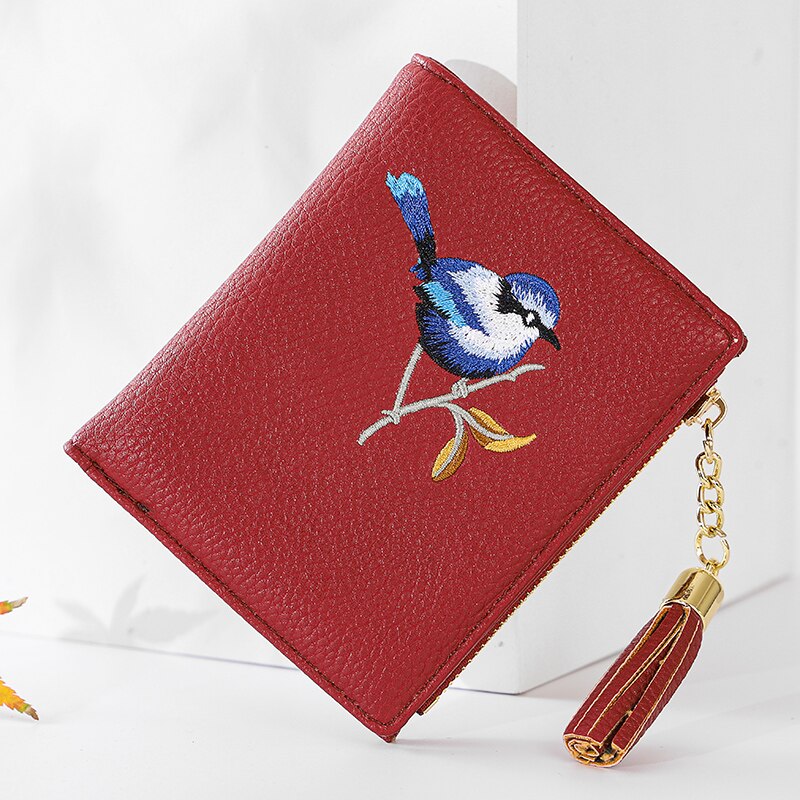 Wallet Women Bird Embroidery Portefeuille Femme Zipper Hasp Short Purse Leather Card Holder Green Blue Pink Black Women Wallets: Type A wine red