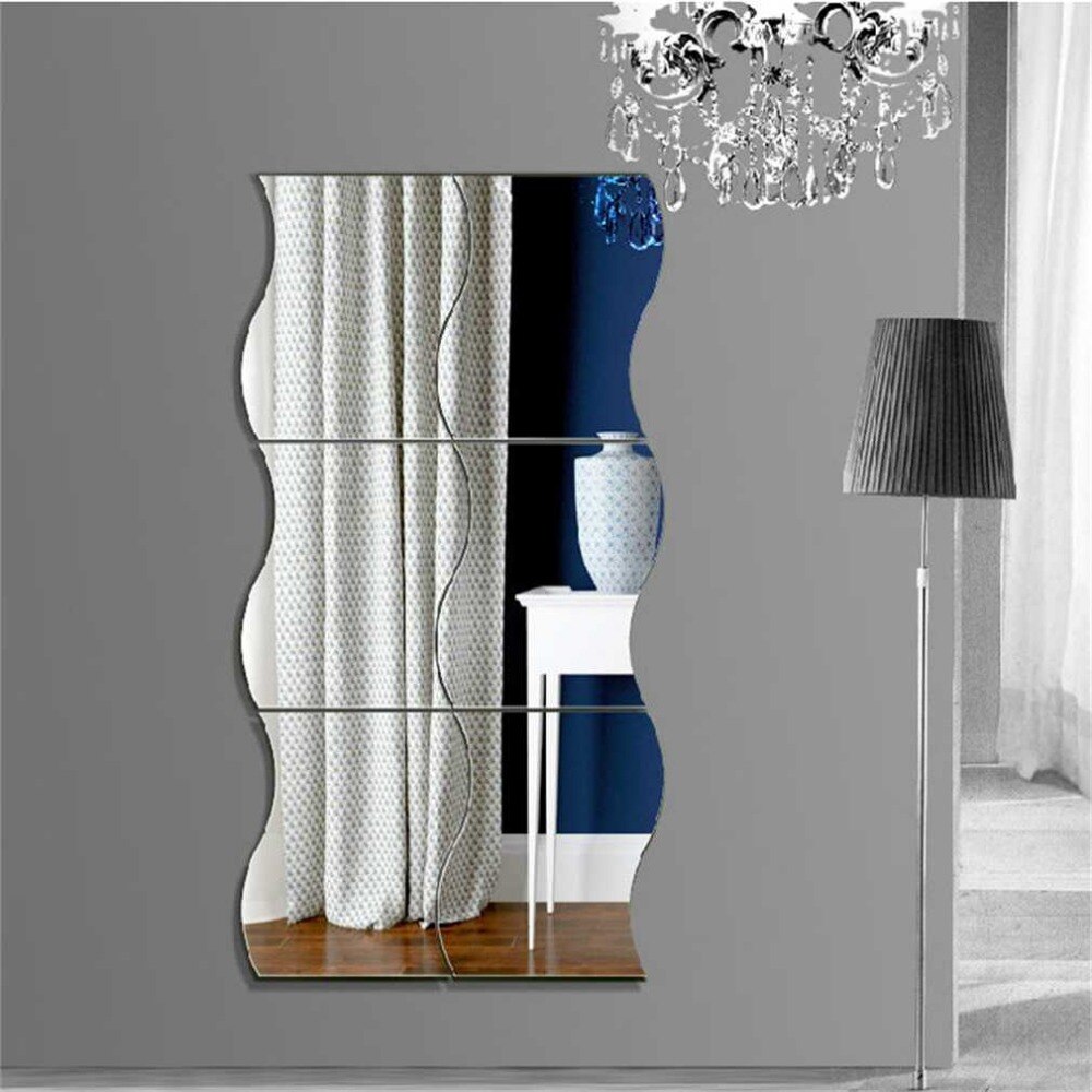 6 uds. Forma de olas auto-adhesivo azulejo 3D espejo pegatinas calcomanía decoración de la habitación moderno espejo azulejos decorativos espejos