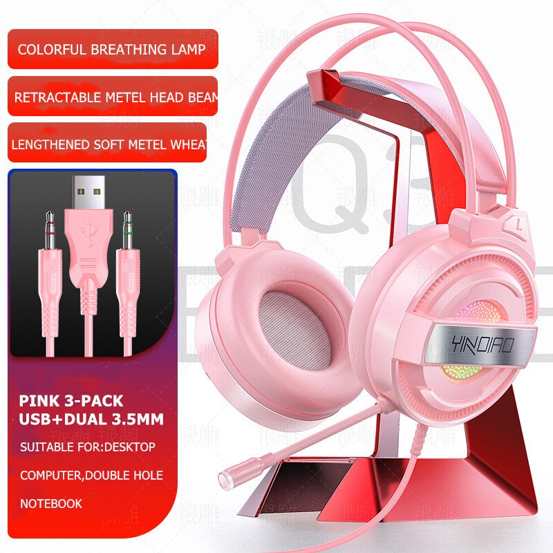 Wireless&Wired Bluetooth headphone with microphone Gaming headset Surround Sound Stereo with USB Light headphone for pc gamer: 3.55Pink