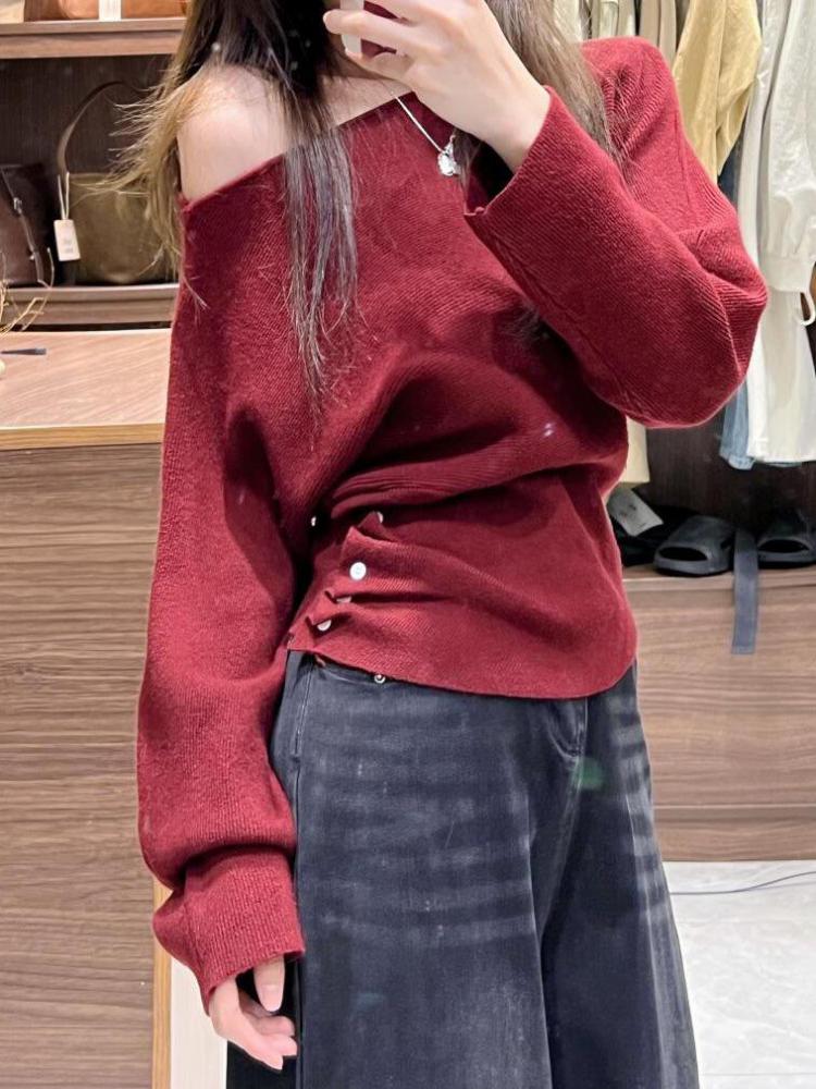 Otoño Invierno Beige fuera del hombro botón manga larga suéter mujeres francés gris versátil corto tejido Top tendencia