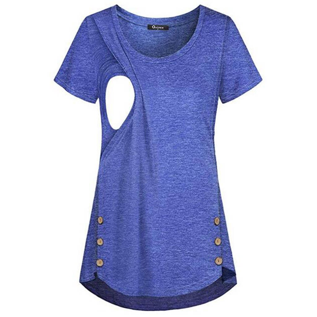 Pregnant Maternity Clothes Summer Breastfeeding Clothes Women Solid Color Button Breastfeeding Pregnant Women Shirt: Blue / M