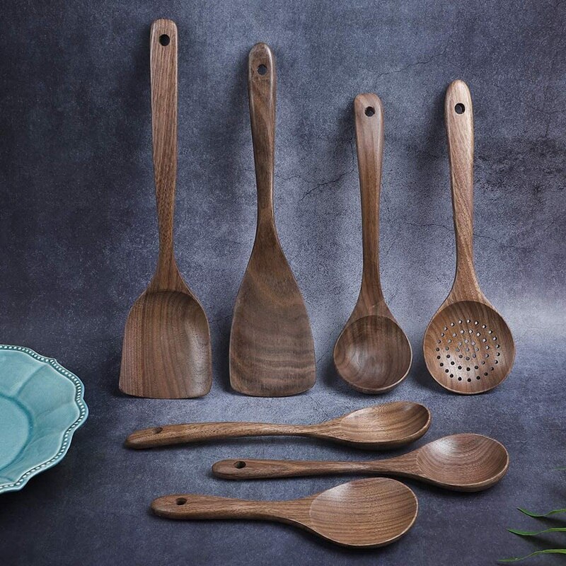 7 Pcs Wooden Kitchen Cooking Utensil Set,Wooden Soup Ladle,Black Walnut Wooden Spoons Spatula for Cooking,Mixing Spoon