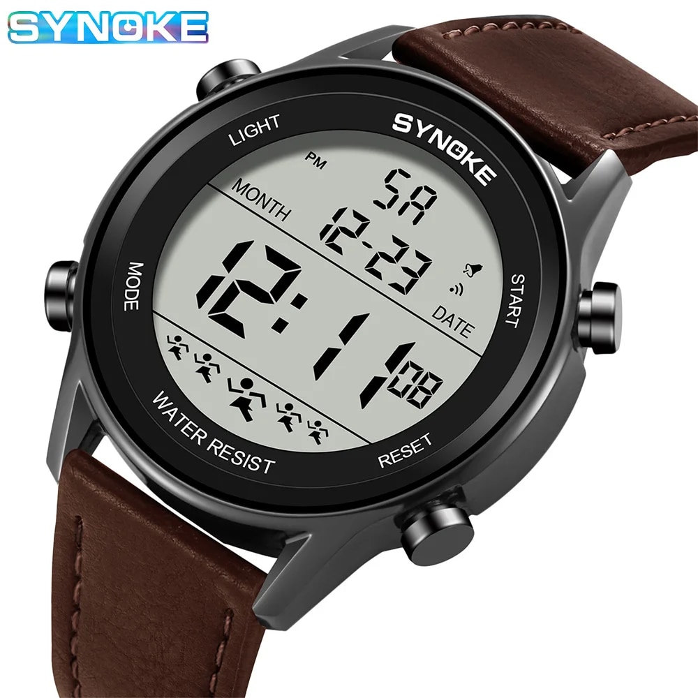 Synoke Mannen Buitensporten Multifunctionele Waterdichte Groot Scherm Display Lichtgevende Digitale Led Voor Mannen Mode Riem Horloge: Coffee