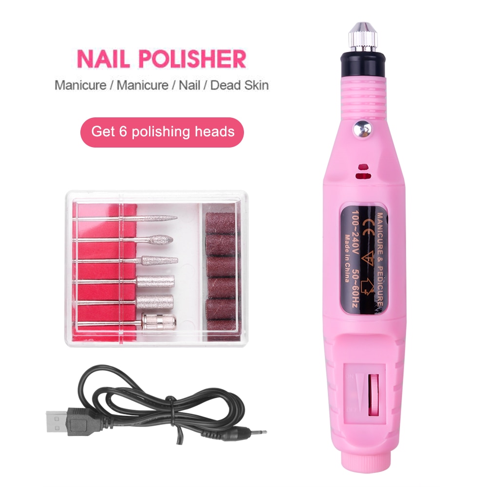 1 sæt power elektrisk manicure maskine pen pedicure neglefil værktøj 6 bits negle boreudstyr: Lyserød