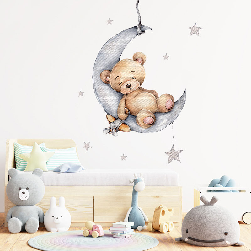 Schattige beer muurstickers voor kinderkamers jongens meisjes babykamer decoratie kind behang dier kinderkamer decor zelfklevend vinyl: violet