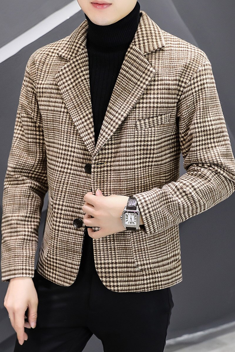 Autum Winter Wool Blends Blazers Men Plaid Casual Slim Suit Jacket British Style Business Social Dress Coat Wedding Windbreaker