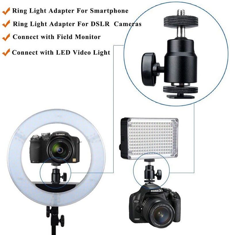 Tripod Head Camera Ball Head Shoe Mount 1/4" Ring Light Adapter for Cameras Camcorders Smartphone Video Light Microphone