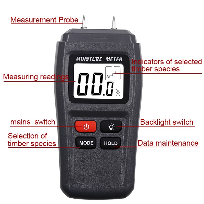 Wood Moisture Meter Two Pins Digital Damp Detector With Large LCD Display Portable Wood Humidity Tester