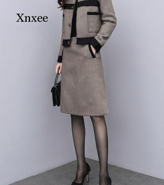 Trajes de lana Vintage para mujer, chándales elegantes de Corea de color marrón, chaqueta, abrigo, falda, conjunto de dos piezas para mujer
