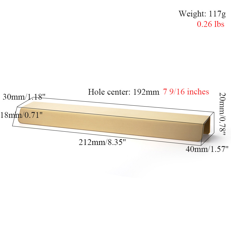 Modern Brass Brushed Hidden Handle Cabinet Handles Sliced Finger Pull Handle Kitchen Cupboard Pulls for Furniture Hardware: 192mm-1pcs