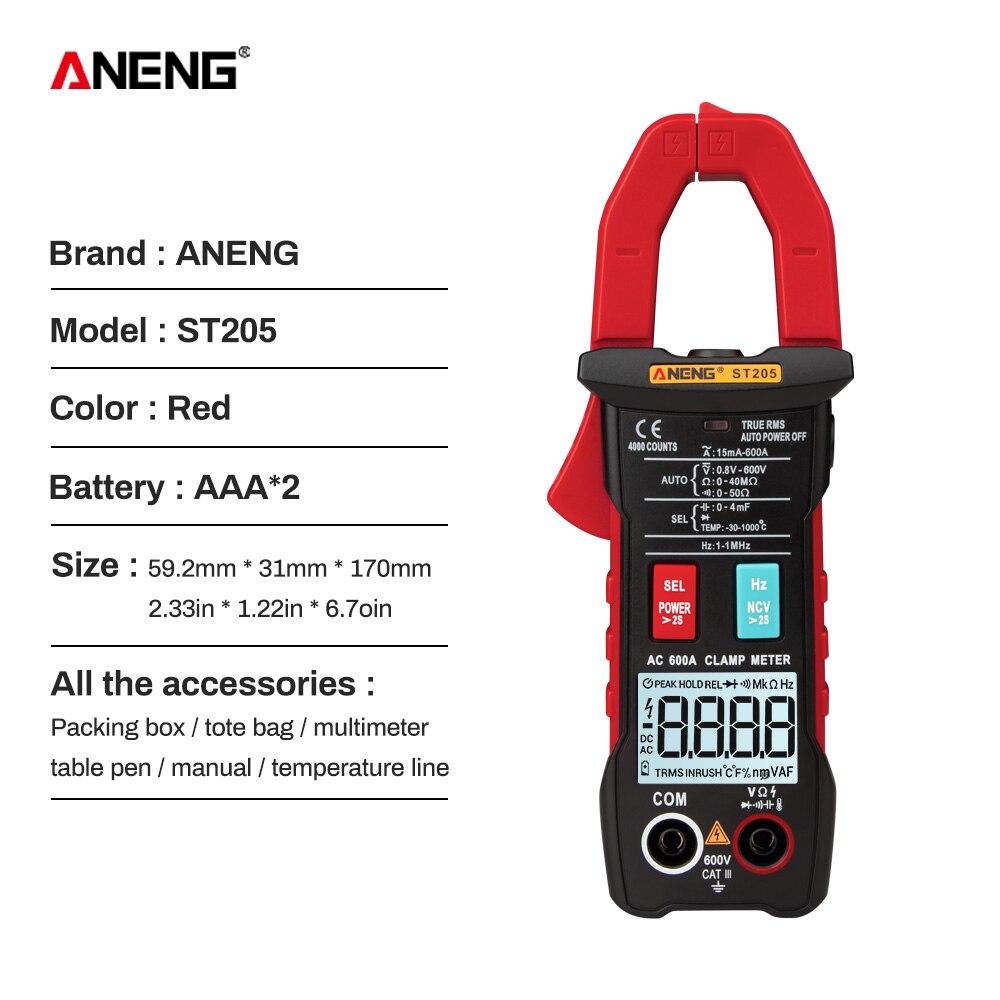 ST205 Digital Clamp Meter Analog Multimeter Current Clamp DC/AC Intelligent AUTO range meter with temperature tester: Red