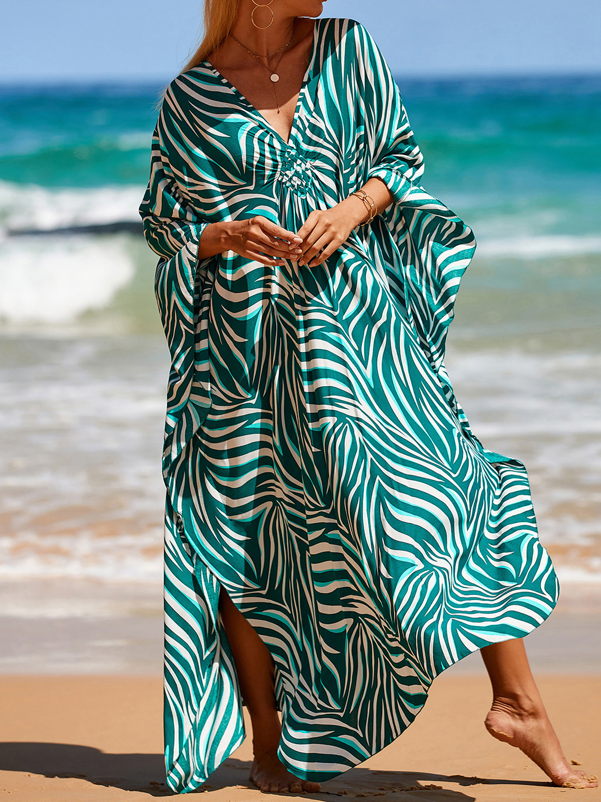 Vestido Longo Feminino Estampado Zebra com Decote V para Praia, Saída de Praia, Moda Praia V4159: Castanho escuro