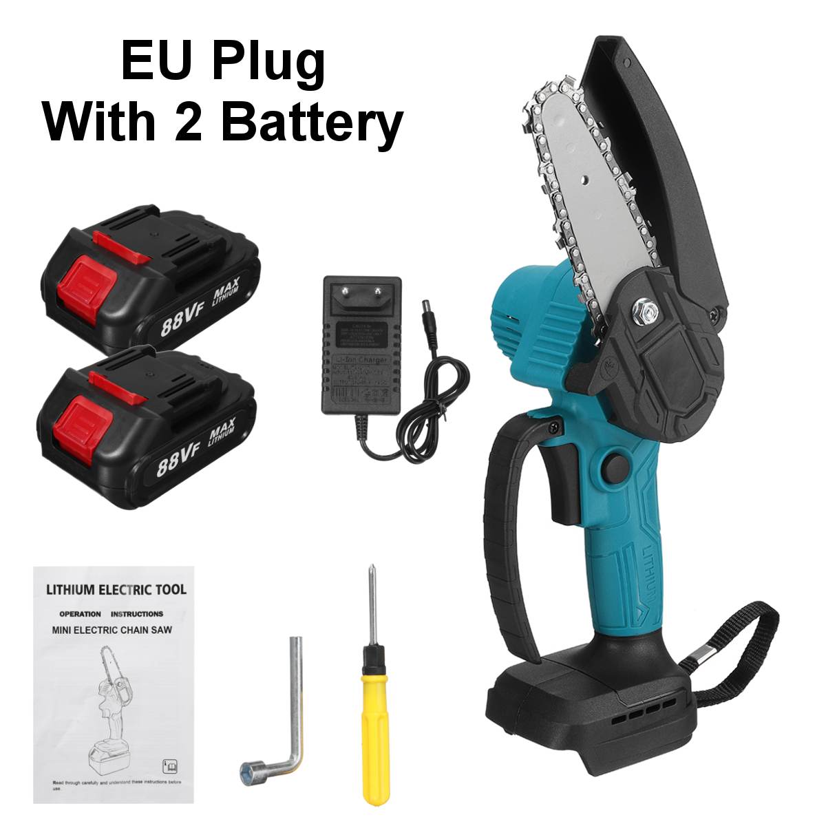 1500W 4 Inch 88VF Mini Electric Chain Saw With Battery Indicator Rechargeable Woodworking Tool For Makita 18V Battery EU Plug: Blue 2 battery