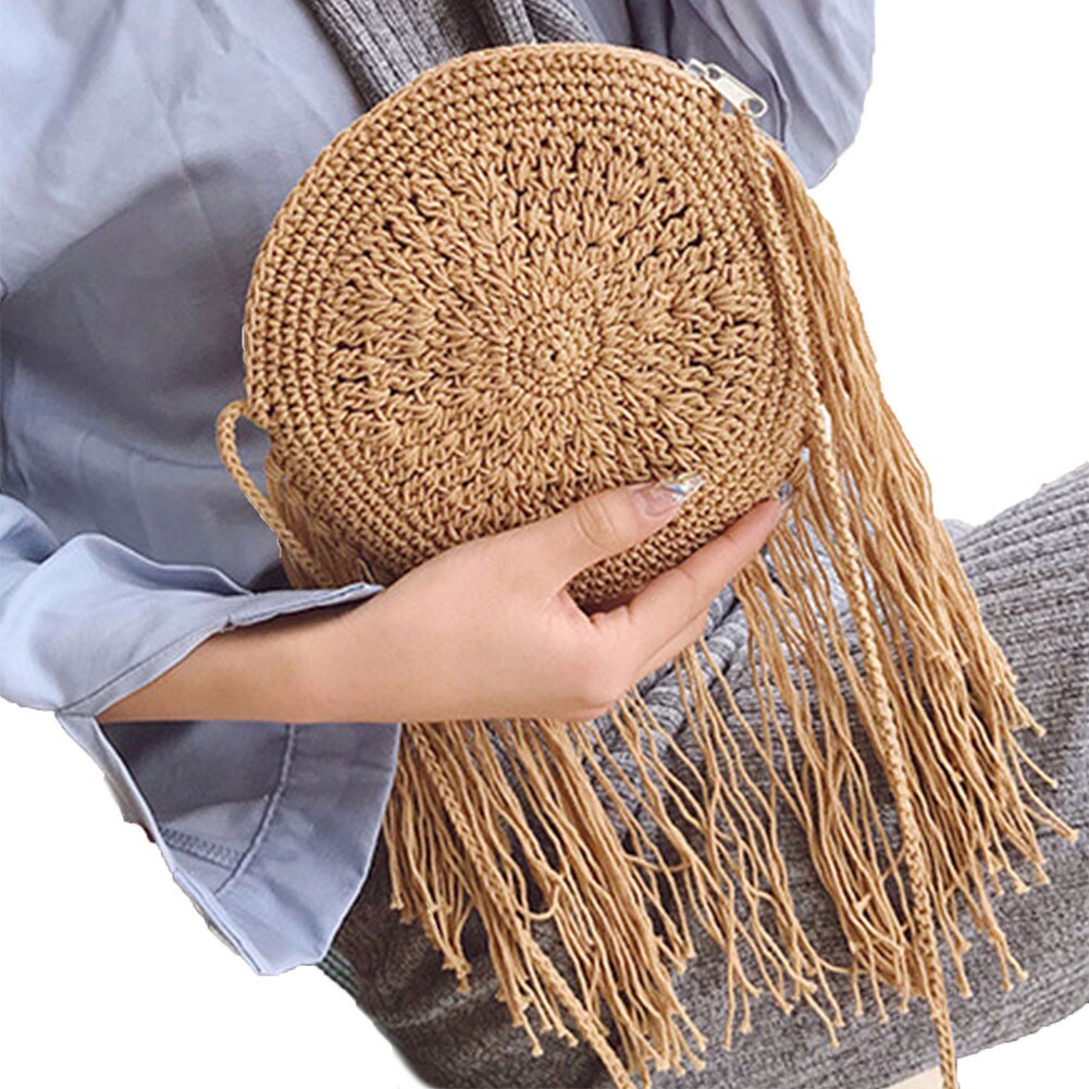 Bolso bandolera bohemio de verano para la playa, bolso de hombro cruzado para mujer, bolso redondo de paja, bolso de mano y cesta tejida: Café