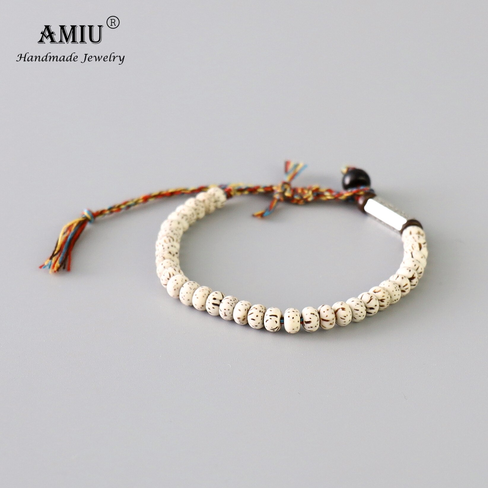 AMIU-pulsera de nudos de la suerte de hilo de algodón trenzado budista tibetano, amuleto grabado de perlas de Bodhi naturales, pulsera hecha a mano para hombre