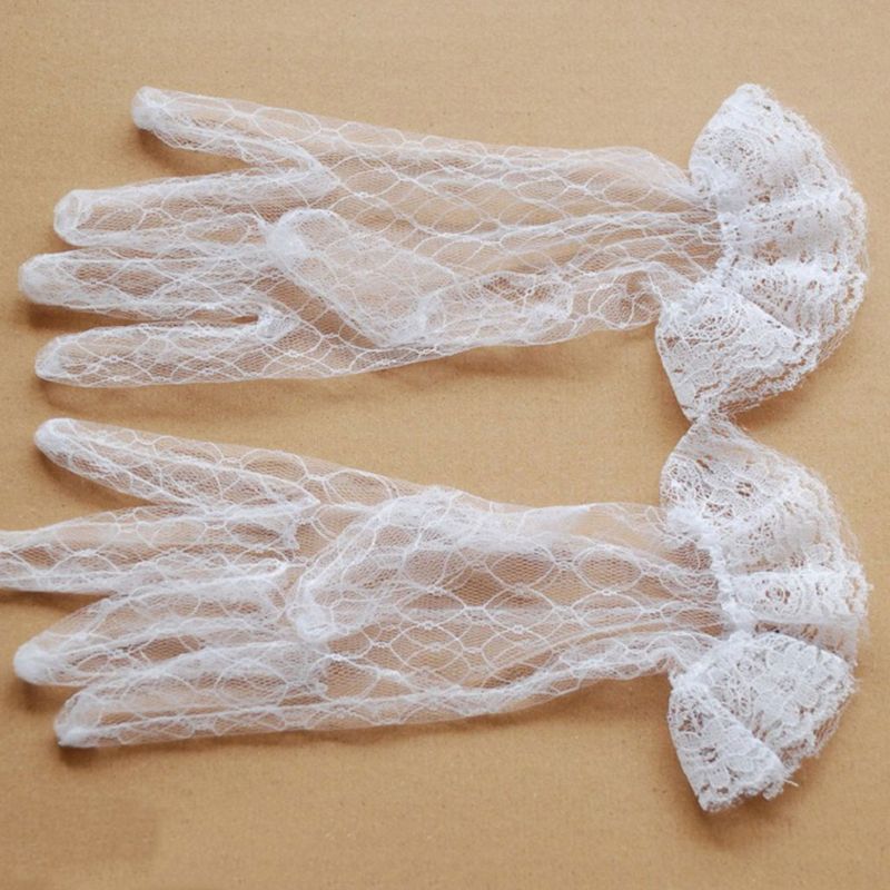 1 paire blanc mariée mariage gants courts plein doigt Transparent rhombique gaze à volants dentelle garniture poignet longueur mitaines fête
