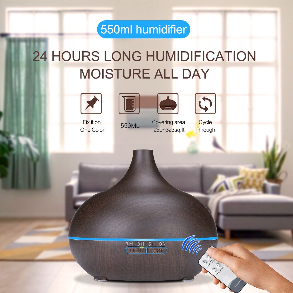 550ML Aroma Diffusor Ultraschall-luftbefeuchter Holzmaserung 7 Farbe Nacht Licht Fernbedienung Elektrische Ätherisches Öl Aromatherapie Diffusor