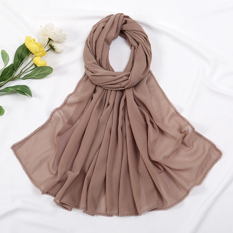 Premium Chiffon Hijab Sjaal Voor Vrouwen Tulband Sluier Kant Stiksel Sjaals Moslim Hijaabs Effen Kleur Vrouw Hoofddoek Sjaal Ramadan: Dusty Wijn