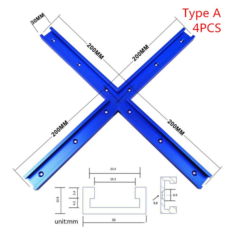 Woodworking T-Slot T-Track Miter Track Cross Connector Rail Guide Chute Circular Saw Flip Table Saw Track Intersection Parts Set: 4PCS 200mm Blue A