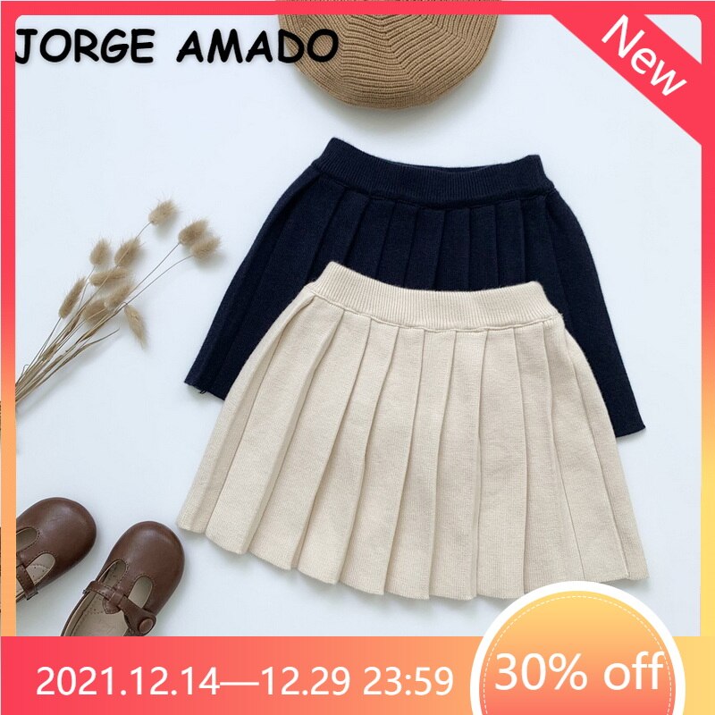 2022 Spring Kid Girl Skirts Covering Yarn Dark Blue Apricot A-line Mini Pleated Skirt Student Style Children Clothes E216