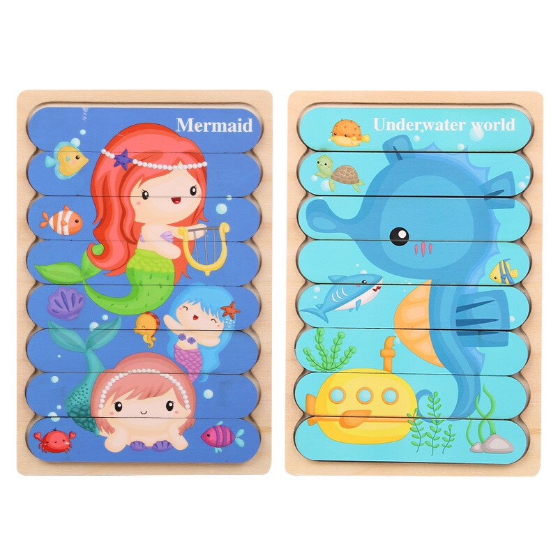 Kids Animal 3D Wooden Puzzle Montessori Toy Double-sided Strip Puzzle Telling Story Stacking Jigsaw Educational Toy For Children: WT263