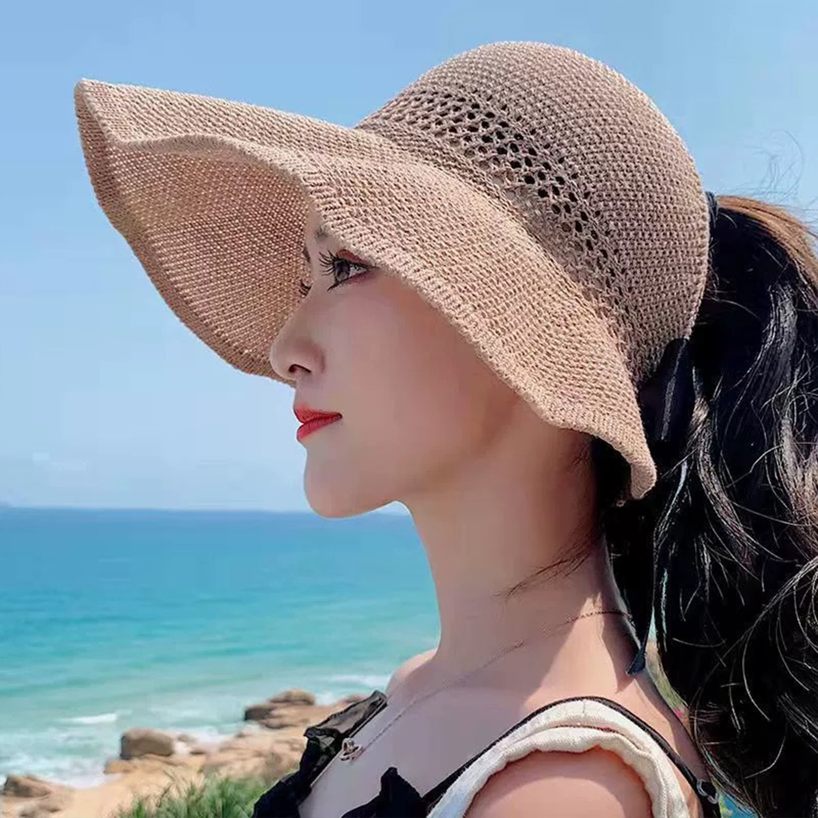 Foldable Women Wide Brim Straw Hat Breathable French Style Sun Hats with Bowknot for Outdoor Travel Photography