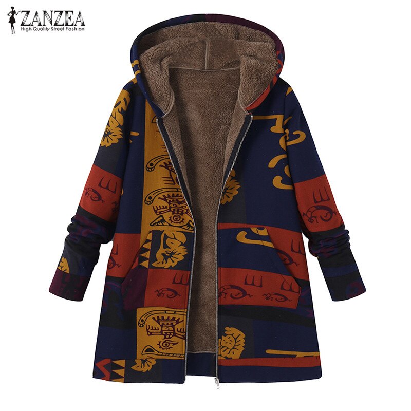 ZANZEA Parkas Autumn Long Sleeve Basic Outerwear Women Retro Hooded Ethnic Printed Faux Fluffy Thin Coat Plus Size Jackets