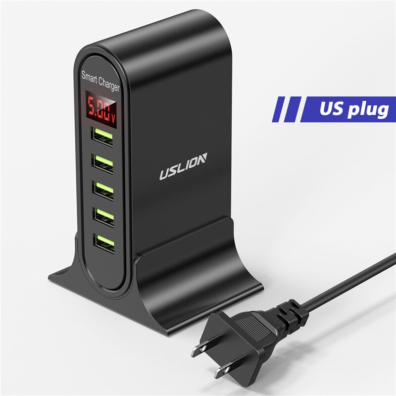 USLION 5 Port USB Ladegerät HUB Multi USB Ladestation Dock Desktop Wand Hause Led-anzeige Universal Neue Ladegeräte EU UNS UK Stecker: US Balck