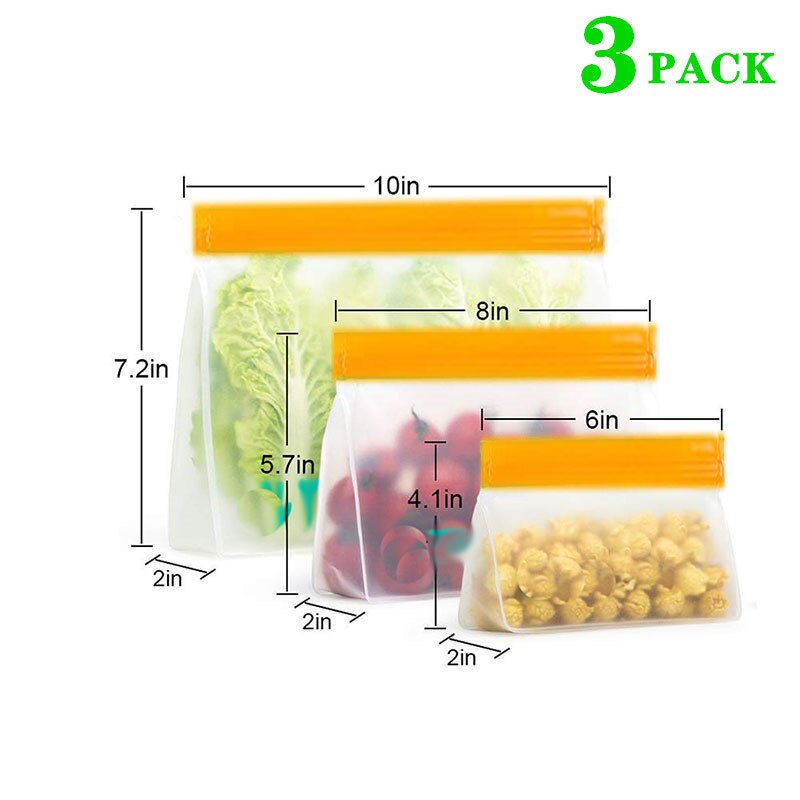 Bolsa de silicona para alimentos, PEVA esmerilada para conservar alimentos, reutilizable, para congelador, con cremallera, a prueba de fugas: Style8 3Pcs