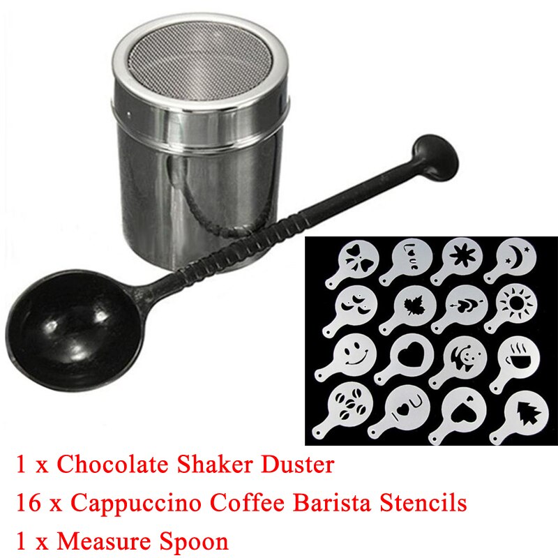 1pc rustfrit stål chokolade shaker kakaomel kaffe sigter +16 stk kaffe skabelon strew blomsterpude spray kunst kaffe værktøjer zxh: 1 støvstof 16 støber 1 ske
