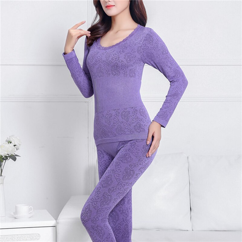 Femmes Sous-Vêtement Thermique Ensemble Dames Automne Hiver Vêtements Sans Couture À Manches Longues O COU Top Longue Confortable Femmes Sous-Vêtements Ensemble: light purple