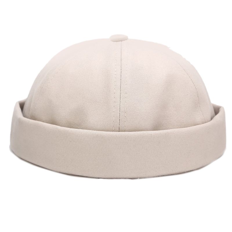 Men Women Retro Dome Melon Brimless Beanie Cap Solid Color Trendy Yuppies 6 Panels Casual Cotton Docker Sailor Hat: Beige