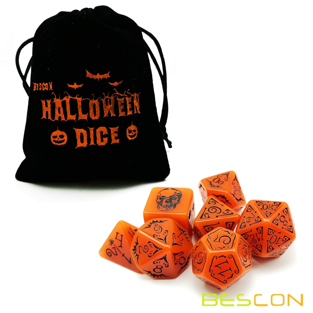 Bescon Gloeiende Halloween Polyhedrale Dobbelstenen 7 Stuks Set, Lichtgevende Halloween Rpg Dobbelstenen Set, glow In Dark Halloween Dnd Spel Dobbelstenen