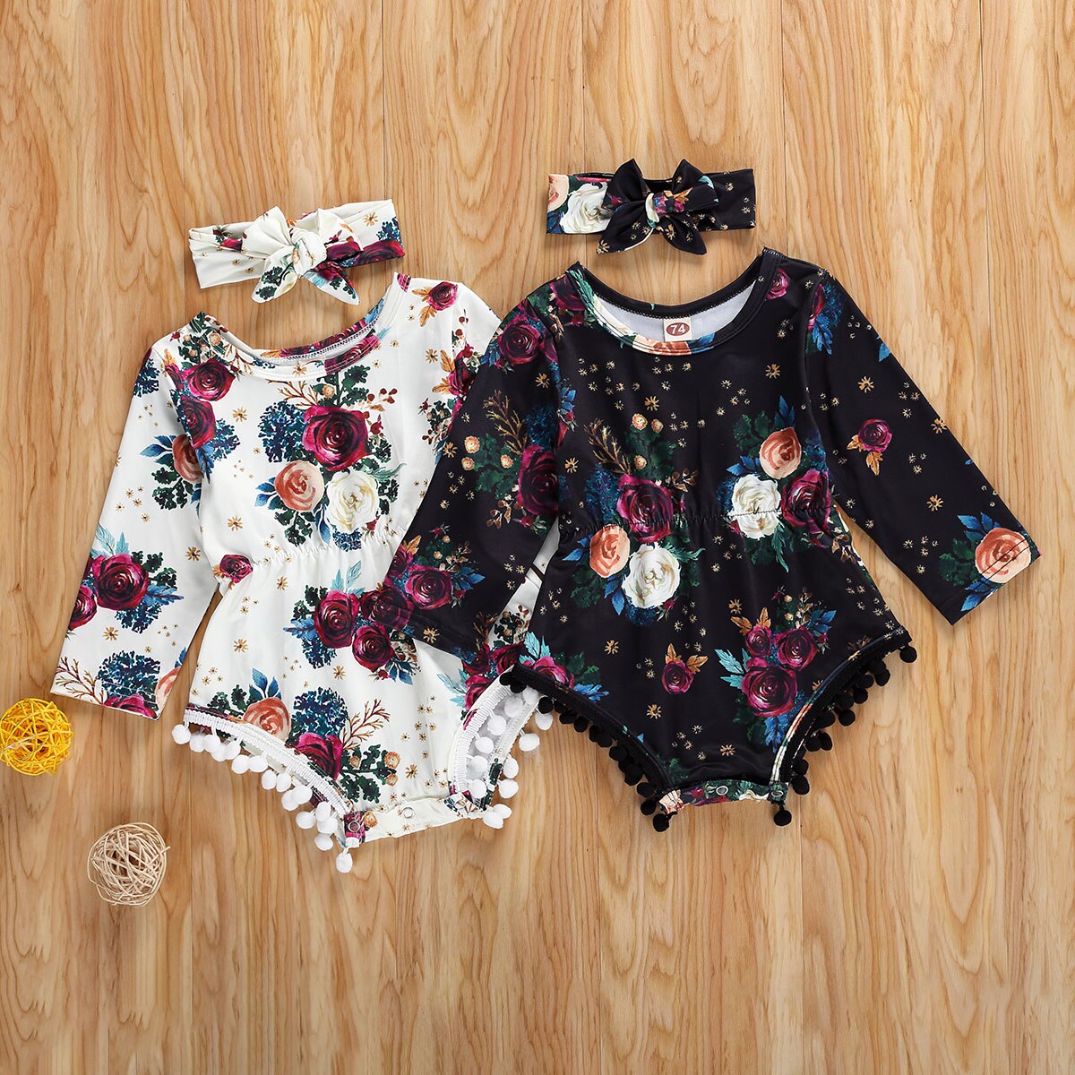 Pasgeboren Baby Meisje Jongen Lange Mouw Melk Zijde Jumpsuits Lente Herfst Bodysuit Kwastje Ballen Bloemen Playsuit Hoofdband