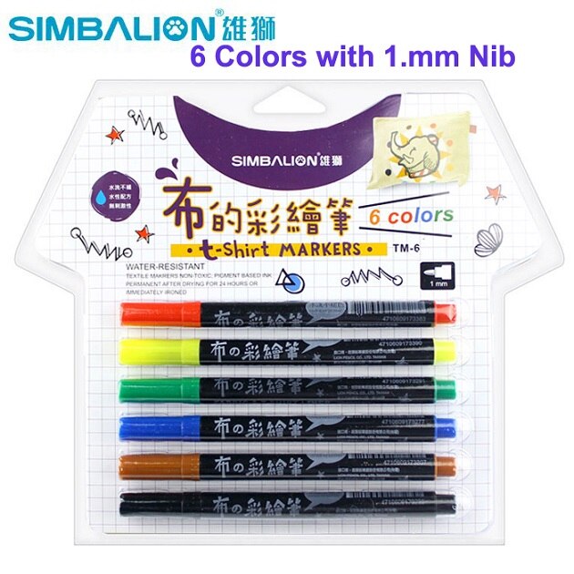 Simbalion Fabric Markers Water Based Water Resistant Non-toxic Ink DIY Painting Colored Marker on T-shirt, Clothes,Canvas Shoes: 6 colors
