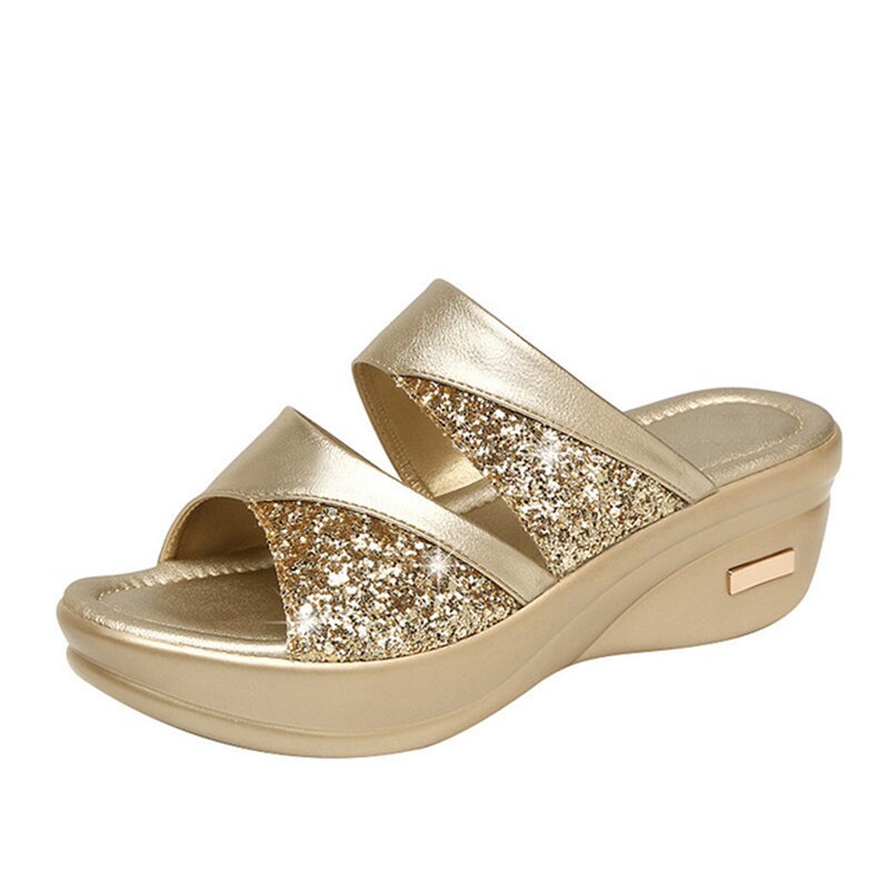 MCCKLE Dames Bling Slipper Dames PU Lederen Wiggen Platte Schoenen Vrouwelijke Casual Sandalen Comfortabel Platform Vrouw Buiten Schoenen: gold / 5