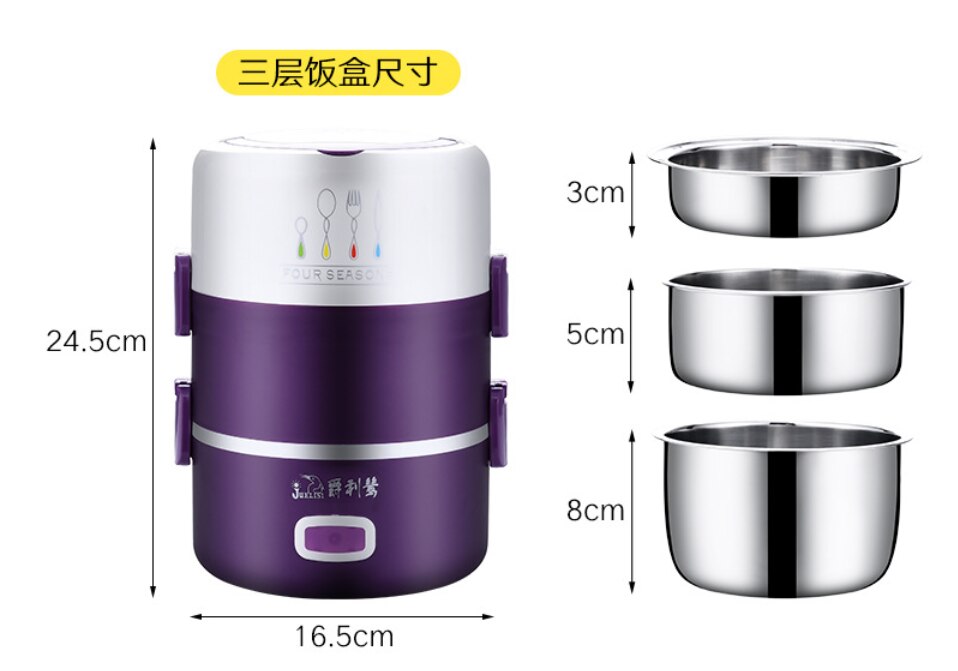 Elektrische lunchbox, mini rijstkoker, elektrische pot, voedselverwarmer, kleine draagbare multicooker, eierkoker, roestvrijstalen soep-stomer: Paars 3 lagen / Eu