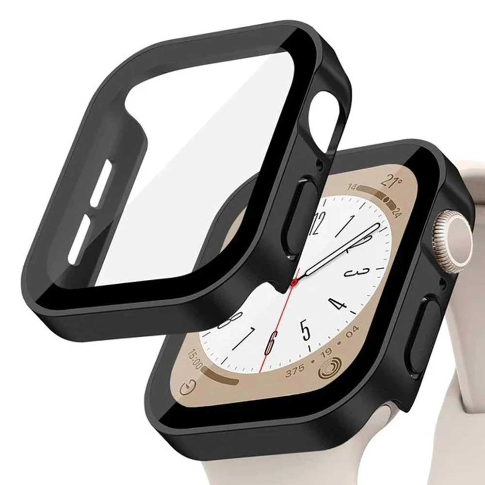 Glas + wasserdichtes Gehäbenutzen für Apfel Uhr 7, 8, 9, 45 mm, 41 mm, Displayschutzfolie, harter PC-Stoßfänger für iWatch Serie 6, 5, 4 SE 40 mm, 44 mm Abdeckung: Lachs / 2-3,9 Zoll
