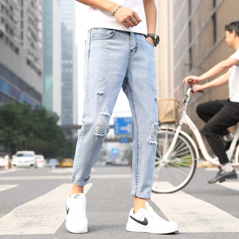 Mans jeans kläder trasiga hål byxor slitna herr solid bomull rak tub tunna vintage tvättade jeans streetwear