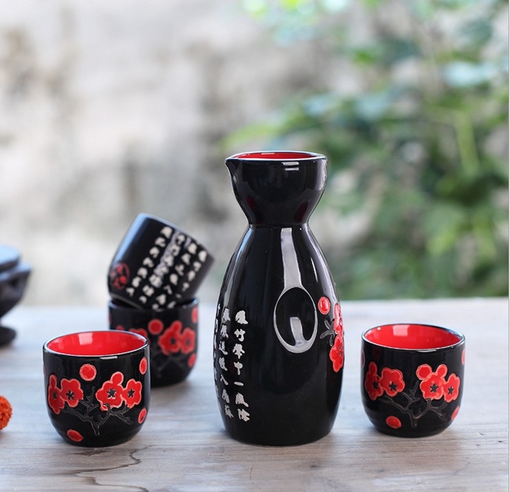 Set van 5 keramische sake potten, kannen, sterke drank, sterke drank, japanse bar, wijnset met bloementekstpatroon: B