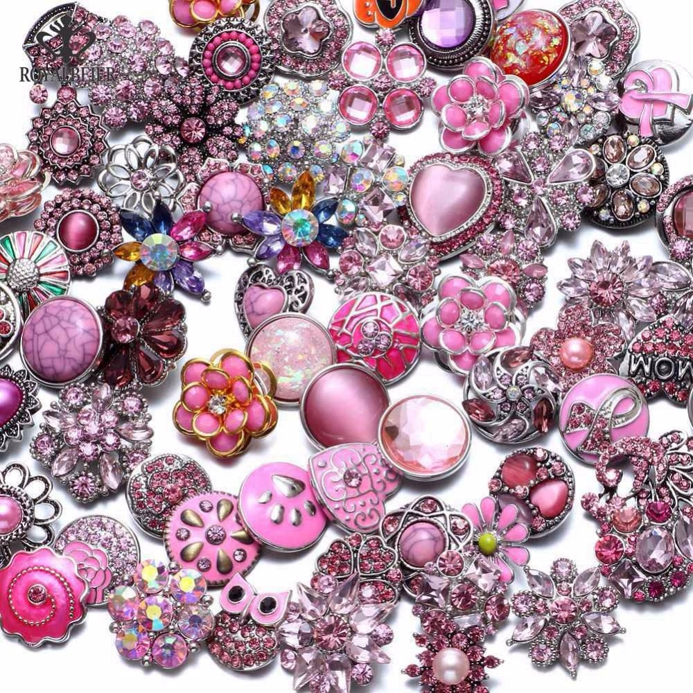 RoyalBeier 20pcs/lot Pink Series Mixed Styles Metal Button Charms 18mm Snap Button For 20mm Snap Bracelet Snap Jewelry KZHM076a