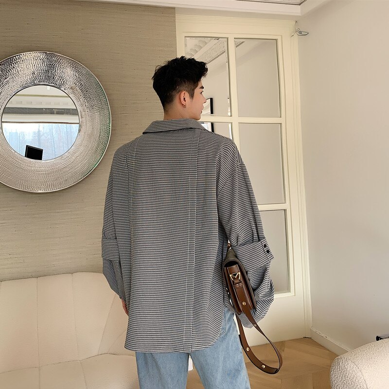 Camisa a cuadros masculina informal de manga larga de empalme para hombre estilo coreano Vintage Streetwear camisas sueltas