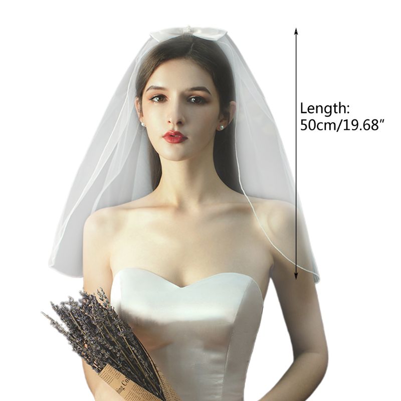 Women 1 Tier Short Tulle Wedding Veil Faux Pearl Beaded Bowknot Bridal Headdress E15E