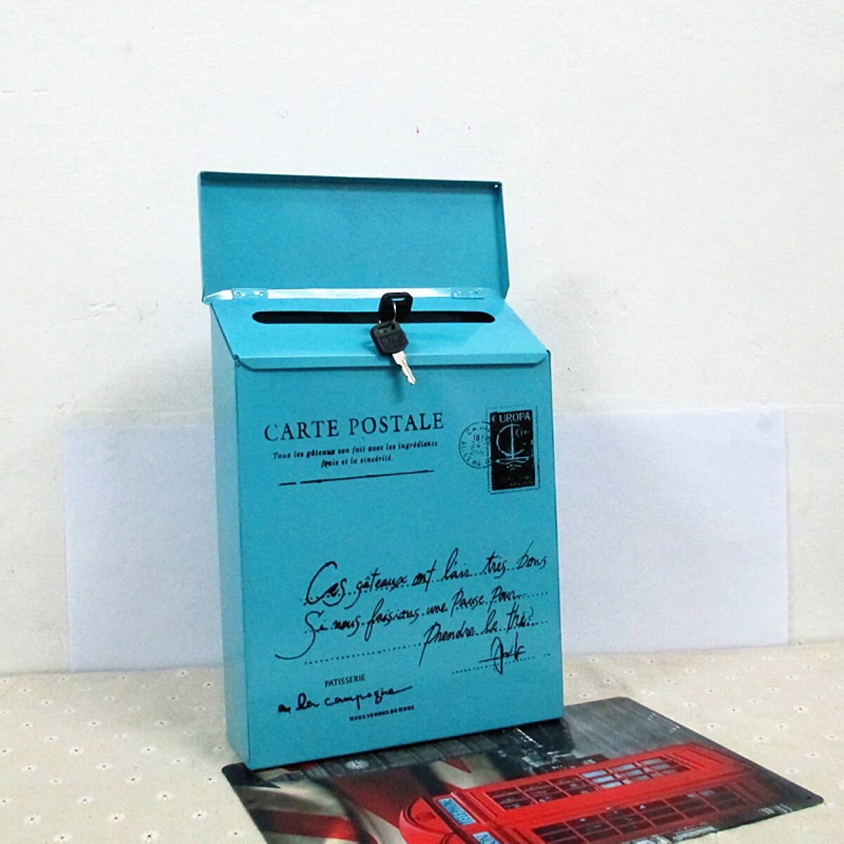 1 x metal postkasse firkantet stort jern postkasse brevpost låsbar med nøgle udendørs: Blå