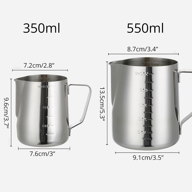 Stainless Steel Frothing Cup &amp; Measuring Cup, Milk Frothing Pitcher For Latte Art - Measurements Outside